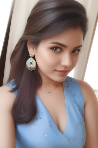 indian 25 year beautifull sexy girl, look like actress ((Shweta Tiwari: urvashi rautela :0.5)),((face dont change)),Realistic photo,score_9,score_8_up,score_7_up, 1girl,long hair,looking at viewer,brown hair,black hair,dress,bare shoulders,brown eyes,jewelry,collarbone,upper body,earrings,large breasts, parted lips,sleeveless,mole,lips,mole under eye,makeup,sleeveless dress,depth of field,blurry background,blue dress,floral print
,Extremely Realistic Face, ,Real