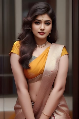 Indian girl (Anushka Shetty, Samantha Ruth Prabhu:1.3) , age 35, realistic body skin, photorealistic,Indian,(((face don't change))),c:,lipstick,(masterpiece, top quality, best quality, official art, beautiful and aesthetic:1.2), (beautiful thicc woman in designer sari showing her naval,Realistic photo