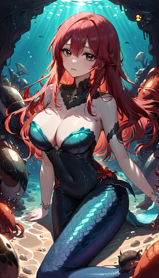 mermaid, charming, beautiful girl, red hair, black eyes, big busts, surrounded by crabs