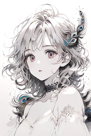 monochrome, (pencil art style), white background, cute girl. white camisole, white choker, short wavy hair, peacock hair, ruby ​​eyes, pencil drawing, glitter,