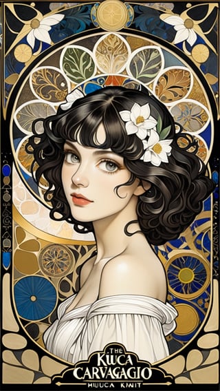 A beautiful girl, black hair, dynamic character, exquisitely detailed face, bold high quality, high contrast, mosaic, vibrant colors, looking at the viewer, intricate golden patterns (Gustav Klimt and Mucha and Caravaggio style artwork), art_booster, art nouveau
