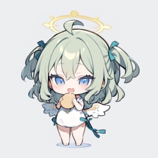  chibi, masterpiece, best quality, solo, 1girl, angel, (green hair), long curly hair, (two side up),blue eyes, (two green ribbons on her hair), ((Double golden halo on her head)), choker, ((angel wings)), ahoge, full body, cute smile, best smile, open mouth, Wearing biue and white dress, short pants, eating egg roll , simple background,masterpiece,Chibi anime,doodle,cute comic,fu_hua