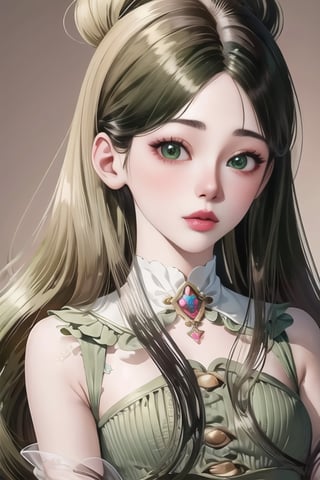 (((photorealistic masterpiece by giovani magana, ((sensual and elegant taliyah)), pastel colors, abstract ambient occlusion,z1l4, 1 girl, dark green hair, light green eyes, dark green eyebrows, light green eyelashes