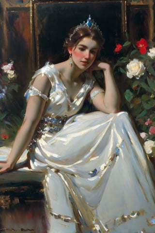 a 15 year old girl in a white colored quinceanera dress, with crystal earrings and a diamond tiara, sitting in a flower garden, masterpiece, oil painting, classic painting