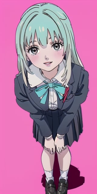 pretty woman girl, long hair, blue hair, white theme, smile, pink lips, big hips, tight fishnet socks, schoolgirl uniform, abstract blue background,roxanne,wearing wrenchpjbss,school uniform,hotaru hiraiwa