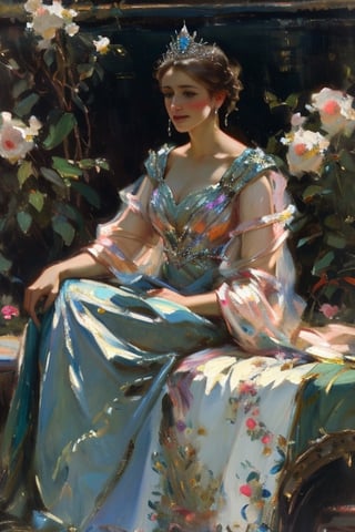 a 15 year old girl in a salmon colored quinceanera dress, with crystal earrings and a diamond tiara, sitting in a flower garden, masterpiece, oil painting, classic painting