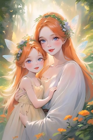 Style by NTY, ((1girl) (1 baby boy )), (beautiful girl smiles, young beautiful woman with baby boy, mom hugs baby boy, mom fairy, baby fairy, fairy fairy wings, fantasy, ((Watercolor drawing by Thomas Moran)), beautiful eyes, high detail, clear face, light falls on her face, fairy-tale world, wildflowers, sunny day, voluminous lighting, vintage, soft morning light, sunlight glinting on her skin), beautiful eyes, high detail, ((clear face)), light falls on her face, (icinematic, inner glowing shining, transparent body, beautiful detailed eyes, beautiful detailed lips, long eyelashes, soft flowing orange hair with foliage and flowers, soft ambient lighting, sublime beauty, sublime beauty, gentle mist, impeccable composition, vivid colors, luminous glow, fantasy element, mysterious charm, dreamlike quality, hauntingly beautiful, serene atmosphere, enchanting allure, cinematic), beautiful view, motion blur, brushstrokes, concept art, beautiful, masterpiece, 8k, fractral neon, soft style, soft background, soft blurry brushstroke, airbrushing, pastel painting, eye contact, LED star, K-Eyes, NIJI STYLE