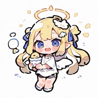  chibi, masterpiece, best quality, solo, 1girl, angel, (
yellow hair), long curly hair, (two side up),blue eyes, (two blue ribbons on her hair), ((Double golden halo on her head)), choker, ((angel wings)), full body, cute smile, best smile, open mouth, Wearing white T-shirt, short pants, eating, simple background,masterpiece,Chibi anime,doodle,cute comic,watercolor