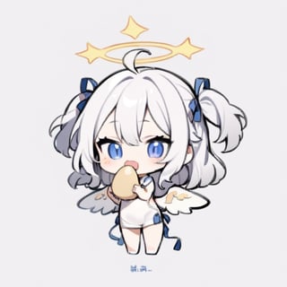  chibi, masterpiece, best quality, solo, 1girl, angel, (white hair), long curly hair, (two side up),blue eyes, (two pink ribbons on her hair), ((Double golden halo on her head)), choker, ((angel wings)), ahoge, full body, cute smile, best smile, open mouth, Wearing biue and white dress, short pants, eating egg roll , simple background,masterpiece,Chibi anime,doodle,cute comic,fu_hua