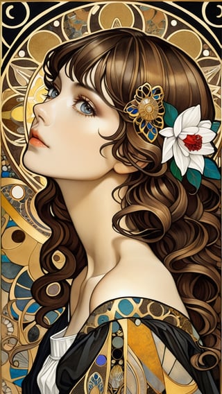 A beautiful girl, brown hair, dynamic character, exquisitely detailed face, bold high quality, high contrast, mosaic, vibrant colors, looking at the viewer, intricate golden patterns (Gustav Klimt and Mucha and Caravaggio style artwork), art_booster, art nouveau