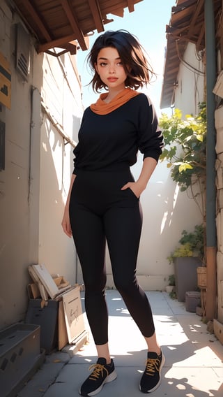 Woman, posing, full body:1.1, artistic, best quality, darkest horror tales, portrait cute detailed, detailed illustration, complex background, in the style of realistic, hyper-detailed full-body, brunette hair, dark amber eyes, golden light, crimson light, realistic portrayal of light and shadow, vibrant manga, ((shiny/ glossy)), 
,Nadi