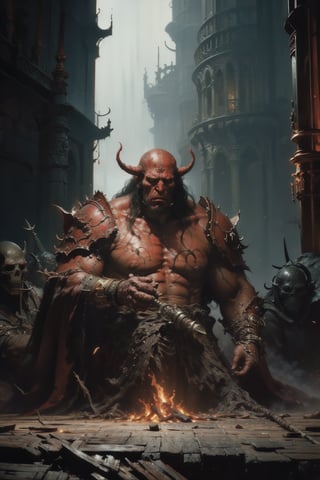 Image of a big guy Hellboy with a sword from World of Warcraft in dark bronze and red style, red skin, wrinkled, deconstructed, skeletal, grotesque realistic, dusty pile, gothic, Dark Fantasy by Antonio J. Manzanedo, Full Body Shot, Finely Detailed Armor, Weapons, Intricate Designs and Details, Hyper Detailed, Hyper Realistic, 4D Dimension, Hyper Detailed, Highest Detail Quality, Hyper Realistic, Photographic Lighting