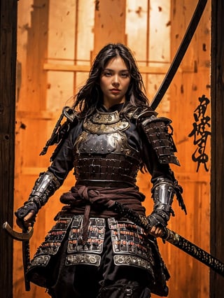 full body shot, Akira Kurosawa's movie-style poster features a full-body shot of a 28-year-old girl, embodying the samurai spirit of Japan's Warring States Period, An enigmatic female samurai warrior, clad in ornate armor and wielding a gleaming katana, This striking depiction, seemingly bursting with unspoken power, illustrates a fierce and formidable female warrior in the midst of battle, The image, a detailed painting, showcases the intensity of the female samurai's gaze and the intricate craftsmanship of his armor, Each intricately depicted detail mesmerizes the viewer, realistic, solo, 