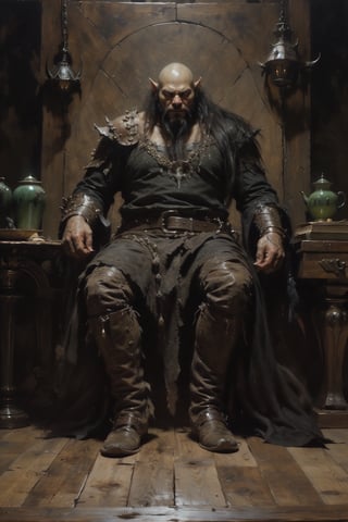 With 5 fingers on each hand, the orc from Dungeons and Dragons with big fangs, long flowing hair and black beard is posed for painting, the clear lines look, showing more of the human figure, normal proportions , his shirt and boots are made of wild leather, the whole body is visible in the painting, fantasy,