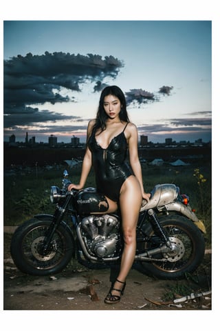 panoramic view, full body shot, A ravishing Korea girl sits astride a vintage Vincent Black Shadow motorcycle, porcelain complexion aglow under dim post-apocalyptic light. Cracked asphalt and rusted cars stretch like skeletal fingers amidst desolate backdrop of abandoned town. Wild foliage sprawls, reclaiming ruins. Her piercing gaze pierces through dark clouds, delicate intricacy on her features. Close-up shot frames face, super-wide angle captures ravaged landscape's cluttered maximalism.,realistic,sexbodysuit