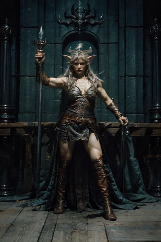 With 5 fingers on each hand, the clear lines look, A full-body-shot image of a fierce female elf pirate with a muscular build, tightly holding a big sword in right hand, captured in a realistic, photo realistic,nodf_lora