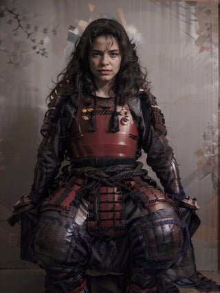 Akira Kurosawa's cinematic style poster,A 28-year-old girl,full body shoot,embodying the spirit of a Samurai from the Warring States Period in Japan. Brightly colored,with a backdrop of war,She wears traditional samurai armor adorned with intricate details,holding a katana with determination,The falling smoke of gunpowder,symbolizing the beauty amidst conflict, shallow depth of field, Detailed, historical, and with a touch of elegance, cinematic, detailed, style dominated by red, minimalist composition shimmer,edge ligh,best Shallow depth of field, vivid colors, hotorealistic, RAW, 16K, Masterpiece, UHD, full body shot, sharp focus, professional, bokeh, ultra realistic, top dramatic lights, dynamic shadows, closeup portrait photo, defying expectations, ethereal, smoky backdrop, atmospheric haze,samurai armor,nodf_lora