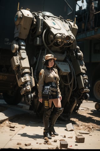 a steampunk mecha pilot standing on the shoulder of her mecha 