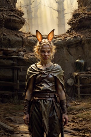 full body shot, daytime, realism, film grain, candid camera, color graded film, eye spotlight, atmospheric lighting, skin pores, blemishes, nature, shallow depth of field, solo, looking at viewer, holding, standing, weapon, belt, sword, cape, holding weapon, armor, rabbit ears, animal, holding sword, sheath, furry, rabbit,perfect light,oil painting,wabori