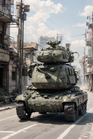 a heavy military spider tank, camouflage, walking, both sides equipped with shoulder cannons,