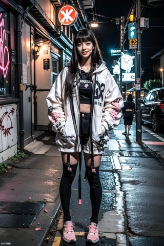 (depth of field, full body view, best quality, 8k, highres, masterpiece:1.2), 1 Korea girl, 18yo, pretty, smile, makeup, blush, large breast, cute posing, hoodie, sneakers, push-up bikini, thighhighs, (pink micro thong), cybercity, cyberpunk, street, graffiti on walls, neon lights, signs BREAK dark makeup, black eyes,  brown hair, fringe, bangs, BREAK boombox on ground, ultra-detailed texture, hyper-realistic, photo realistic, dynamic lighting, exaggerated, full of dynamic, geometric, particle, holo, motion lines, very detailed faces, 4k, in the dark, deep shadow, low key, insane details, perfect eyes, insane details, high details, insane details, high details, realistic, young beauty spirit,  1girl, solo, long hair, looking at viewer, bangs, black hair, long sleeves, standing, full body, barefoot, hood, blunt bangs, lips, hoodie, hood down, toenails, realistic, hands in pockets, white hoodie