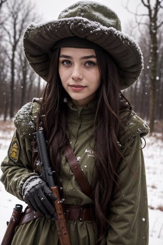 1girl, solo, long hair, looking at viewer, smile, brown hair, gloves, hat, holding, brown eyes, weapon, outdoors, holding weapon, uniform, from side, tree, gun, military, military uniform, holding gun, rifle, snow, assault rifle, trigger discipline, camouflage, photo background