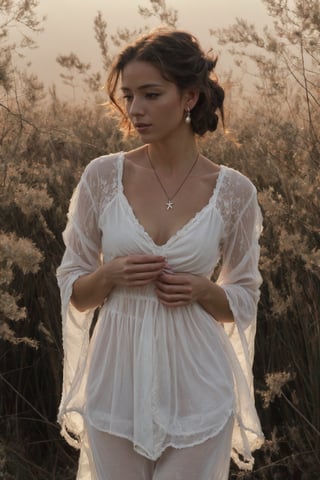 A woman standing in a field of tall grass and flowers with a gothic style and a smile. She has long, wavy dark hair blowing in the wind and light makeup with a hint of dark lipstick. She is wearing a sheer black blouse with intricate lace details and a deep V-neck, paired with high-waisted dark pants. She is adorned with dangling earrings and layered silver necklaces. The scene has a soft, warm glow with a blurred background, highlighting the woman's serene and elegant presence amidst the natural surroundings. A dreamy dimensional drifter floats ethereally in a watercolor painting, their form indistinct yet mesmerizing. The image is a vivid and surreal depiction, blending shades of pastel blues, pinks, and greens to create an otherworldly atmosphere. The drifter's flowing robes trail behind them like wisps of smoke, adding a sense of movement to the serene scene. The artist's skill is evident in the delicate brushstrokes and subtle blending of colors, resulting in a truly captivating