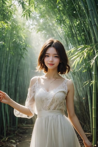 This photo, likely taken by a contemporary artist, shows a woman wearing a delicate white tulle dress.  The composition is very balanced, worm's eye view, the woman's position is slightly off-center.  Shot from half-length, smiling frontally at the viewer, bathed in natural light filtering through a tunnel of tall and dense bamboo trees.  The background is a dense bamboo forest, creating a tranquil and mysterious atmosphere.  Sunlight passes through the leaves, casting dreamlike beams of light that highlight the quiet atmosphere and the texture of the plants.  The overall scene evokes a sense of calm and connection with nature.
