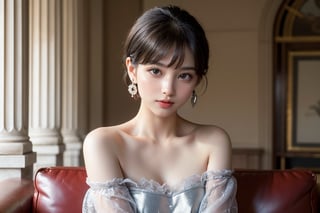 The image is modeled after a typical 1950s vintage glamor photograph, with the composition centering on an elegant woman wearing an elegant off-the-shoulder gown with a silvery shimmering texture. Medium chest. Her short black hair was neatly styled ((Pixie Cut)) and paired with large, exaggerated earrings, highlighting her exquisite appearance. Sitting elegantly on a comfortable leather sofa. The background is a vague interior scene that may resemble a grand architectural setting with columns, adding a touch of elegance. The light highlights her fair complexion and the delicate features of her face, creating a timeless and elegant portrait.