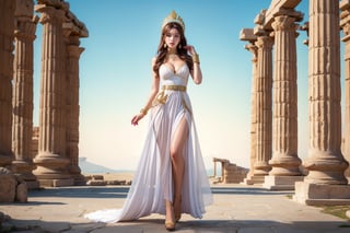 Panoramic shot of the ruins of a magnificent ancient city in Greece. This image shows a girl dressed in a Greek style. The art style is realism. The composition is a full-length portrait, full body shot, with the woman facing forward. She wears a long white dress with gold and turquoise details including a gold collar, cleavage, medium breasts, a belt and a headdress decorated with beads. Gold high heels. The main character has long brown hair and a serious expression. The background is pure white, highlighting the details of the garment. Her accessories and makeup alluded to ancient Greek fashion, combining historical references with modern touches. The proportion of the girl in the picture is smaller, but the details should still be paid attention to.