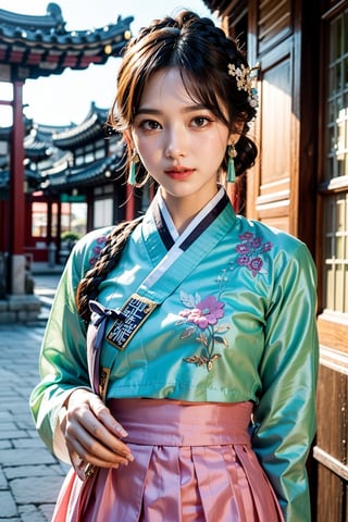 Shot at a wide angle, this photo shows a woman wearing traditional Korean clothing. The art style is vivid and realistic, capturing the rich textures and colors of the clothing. The focus is on the woman, ((close-up)), (((smile))) She turns slightly towards the camera and smiles softly. ((Her hanbok consists of a delicately embroidered light green top and a pink skirt)). Wearing (((traditional Korean hairstyle and hair accessories))) (((Gache))). Outdoors, the background showcases detailed traditional Korean architecture. ancient city. The overall composition emphasizes cultural heritage and elegance.