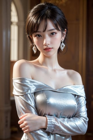 The image is modeled after a typical 1950s vintage glamor photograph, with the composition centering on an elegant woman wearing an elegant off-the-shoulder gown with a silvery shimmering texture. Medium chest. Her short black hair was neatly styled ((Pixie Cut)) and paired with large, exaggerated earrings, highlighting her exquisite appearance. The background is a vague interior scene that may resemble a grand architectural setting with columns, adding a touch of elegance. The light highlights her fair complexion and the delicate features of her face, creating a timeless and elegant portrait.