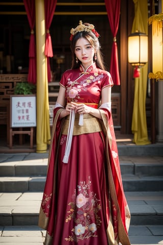 Half-length photo, standing, of a girl wearing traditional Han Chinese wedding attire, consisting of a beautifully embroidered bright red dress with stand-up collar and long skirt, with delicate floral embellishments and decorative headdress, with hanging jewelry and floral accessories, ( ((radiating a bright smile and joy))), holding a red embroidered silk handkerchief.  Chinese architecture, red, golden yellow, red lantern, photography, masterpiece, best quality, 8K, HDR, Nikon AF-S 105mm f/1.4E ED,