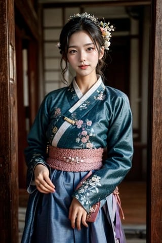 This photo shows a woman wearing traditional Korean clothing. The art style is vivid and realistic, capturing the rich textures and colors of the clothing. The focus is on the woman, who turns slightly towards the camera and smiles softly. Her hanbok consists of a beautifully embroidered blue top and a pink skirt. She wore a traditional hair accessory on her neatly styled hair. The background shows detailed traditional Korean architecture, including wooden columns and ornately painted ceilings. The overall composition emphasizes cultural heritage and elegance.