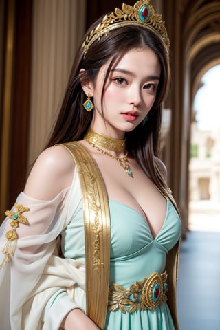 This image shows a girl dressed in a Greek style. The art style is realism. The composition is a full-length portrait, with the woman facing forward. She wears a long white dress with gold and turquoise details including a gold collar, cleavage, medium breasts, a belt and a headdress decorated with beads. The main character has long brown hair and a serious expression. The background is pure white, highlighting the details of the garment. Her accessories and makeup alluded to ancient Greek fashion, combining historical references with modern touches. Background ancient city ruins in Greece