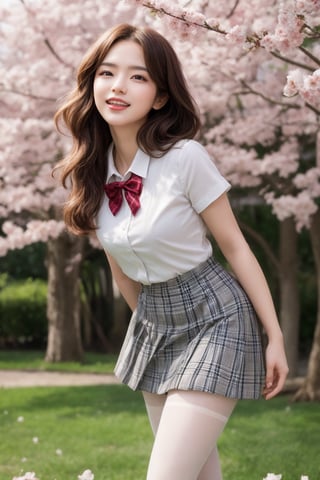 (Song Hye Kyo: 0.8), (Emma Watson: 0.8), masterpiece, best quality, highres, aamahiru, long hair, red bowtie, white shirt, short sleeves, plaid skirt, brown skirt, pantyhose, , standing, cowboy shot, leaning forward, arms behind back, outdoors, cherry blossoms, smile, open mouth.3 point perspective composition,