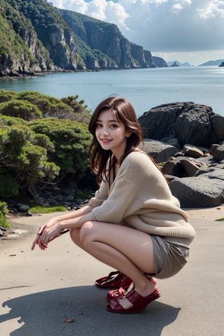 Photo of a young woman on a rocky beach.  Cute squatting position.  The composition of the image is casual and candid.  The subject is wearing a beige sweater and a white skirt and has sexy long legs.  Show off a sexy and charming smile.  Embodying a feeling of happiness and freedom.  She is carrying a brown cross-body bag.  The background includes a tranquil coastal landscape, a rocky shoreline, calm ocean waves, and distant forested hills under a partially cloudy sky.  There is a walking path with stone walls on the right side of the image, indicating a coastal path or promenade.  The overall mood is relaxed and cheerful.