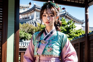 Wide angle shot showing detailed traditional Korean architecture. ancient city. outdoor. The overall composition emphasizes cultural heritage and elegance. In the foreground is a woman wearing traditional Korean clothing. The art style is vivid and realistic, capturing the rich textures and colors of the clothing. The focus is on the woman, ((close-up)), (((smile))) She turns slightly towards the camera and smiles softly. ((Her hanbok consists of a delicately embroidered light green top and a pink skirt)). Wearing (((traditional Korean hairstyle and hair accessories))) (((Gache))).