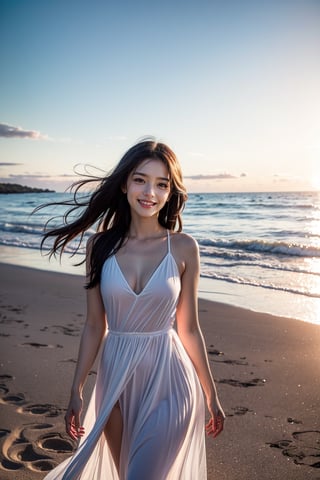 Panoramic photography. This is a carefully composed photo that focuses on natural beauty with modern elements, probably taken by a landscape or portrait photographer. Close-up, the image captures a woman wearing a flowing, deep-V, low-cut white dress as she smiles and walks on the beach at sunset. Fair skin. Wind turbines line the horizon and are reflected in the sea. Adds a modern touch to a tranquil scene. The beach reflects the soft purple-pink hues of the sky, enhancing the peaceful, almost dreamlike atmosphere. The background has smooth waves and sand, and the woman is placed on the right side of the frame, creating dynamic visual interest. With the vast landscape as the subject, the girl appears dwarfed by the proportions in the painting. The whole picture has a golden hue. Add light to the girl.