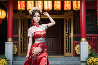 Half-length photo, standing, of a girl wearing traditional Han Chinese wedding attire, consisting of a beautifully embroidered bright red dress with stand-up collar and long skirt, with delicate floral embellishments and decorative headdress, with hanging jewelry and floral accessories, ( ((radiating a bright smile and joy))), Chinese architecture, red, golden yellow, red lanterns, photography, masterpiece, best quality, 8K, HDR, Nikon AF-S 105mm f/1.4E ED,