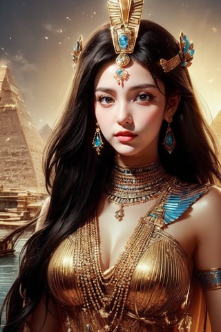 The composition features a central female figure, ((She is depicted as an Egyptian queen or goddess. Heavy black eye shadow, heavy makeup)). The expression is solemn. She wears ornate and colorful jewelry and headdresses and holds a scepter. ((Background panoramic shot including elements of ancient Egypt, vast squares, pyramids, sphinx and hieroglyphics)). The background is illuminated by sunlight, giving the scene a golden glow and evoking a feeling of sanctity and grandeur. There is also a tranquil river surrounding it, adding to the royal ambience. The image takes on a golden hue.