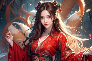 This is a beautiful piece of photographic art depicting the mythical nine-tailed fox (female) in human form. The young girl, 20 years old, has bright makeup and she has nine large, bushy brown tails. She wears traditional Chinese Hanfu, a bright red fabric with intricate patterns and elegant embroidery. Her clothes gave off an air of antiquity and majesty. The background should be a misty forest at night or a mysterious landscape to add a mythical atmosphere.