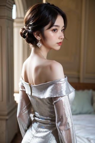 The image is modeled after a typical 1950s vintage glamor photograph, with the composition centering on an elegant woman wearing an elegant off-the-shoulder gown with a silvery shimmering texture. Medium chest. Her short black hair was neatly styled ((Pixie Cut)) and paired with large, exaggerated earrings, highlighting her exquisite appearance. Shot from the back of the girl, who turns to look at the camera. The background is a vague interior scene that may resemble a grand architectural setting with columns, adding a touch of elegance. The light highlights her fair complexion and the delicate features of her face, creating a timeless and elegant portrait.