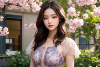 (Song Hye Kyo: 0.8), (Emma Watson: 0.8), Panoramic shot, (best quality, realistic, high-resolution), colorful portrait of a woman with flawless anatomy. She is wearing a stunning flower dress that compliments her vibrant personality. Her skin is extremely detailed and realistic, with a natural and lifelike texture. The background is dark, which creates a striking contrast to the colorful flowers adorning her armor. The flowers on her armor represent her strength and beauty. The lighting accentuates the contours of her face, adding depth and dimension to the portrait. The overall composition is masterfully done, showcasing the intricate details and achieving a high level of realism, flower, outdoors, day, water, blurry, tree, no humans, window, depth of field, chair, table, plant, cherry blossoms, building, scenery, pink flower, blurry foreground, bookshelf, potted plant, architecture, east asian architecture,pout