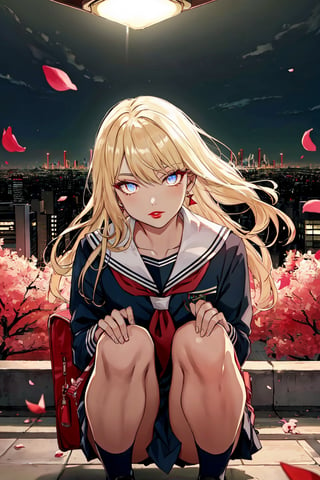 1girl, masterpiece, sharp focus, best quality, cinematic lighting, detailed outfit, perfect eyes, light blonde hair, glowing eyes, crouch, earrings, red lipstick, bad girl, eyeshadow, School bag, very long hair, leaves, floating petals, Tokyo city at night, student uniform, shirt, sharp eyes,school uniform,crouching on the ground,score_9