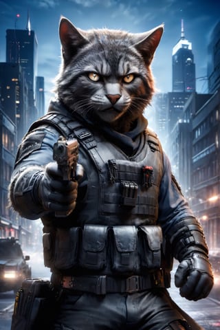 
terrorist with pure black fur cat face, terrorist dress, vest, tactical gloves, image background of a night city, medium shot, medium view,mw,Muscle, hairy fur, gray fur, gray fur, rage,dual pistols