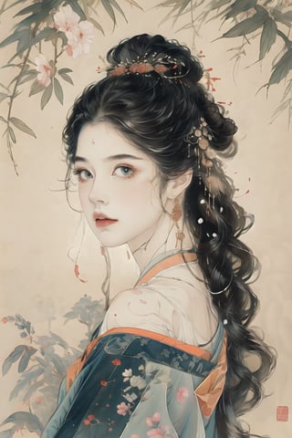 Natural light, (Best quality, Highly detailed, Masterpiece: 1.2), 16k, Depth of field, ((Wide angle lens)), 1girl A woman with long black hair, barefoot, wearing a white off-shoulder kimono, white silk thread, transparent watercolor, splash ink rendering , Chaos Rendering, (Beautiful and Detailed Eyes), (Realistic and Detailed Skin Texture), (Detailed Hair), (Realistic Light and Shadow), (Clean Outlines, Sketch-Style Line Art), Splashed Ink, Spectacle Art and Beauty, global popular art,