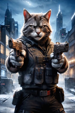 
terrorist with pure black fur cat face, terrorist dress, vest, tactical gloves, image background of a night city, medium shot, medium view,mw,Muscle, hairy fur, gray fur, gray fur, rage,dual pistols