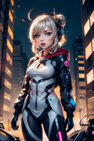 1girl, young_woman, single_hair_bun, white_hair, yellow_eyes, female_focus, crown, crown_at_the_head, futuristic_headphone, hood, hooded_jacket, jacket, white_jacket, white_cheongsam, long_cheongsam, open_clothes, futuristic_mouth_mask, luxtech, humanroid, exosuit, standing, full_body_portrait, fighting_pose, cyberpunk_city_background,klee (genshin impact)