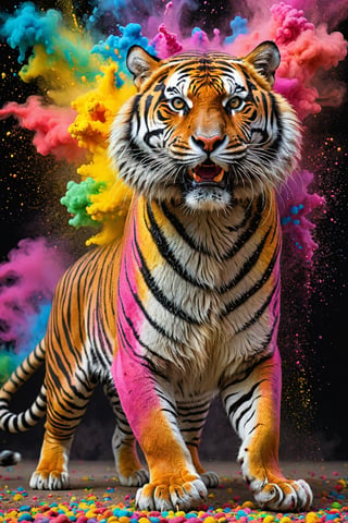 The appearance of colorful and colorful tiger.
The background shows rainbow-colored powder spreading like an explosion.
It is so ridiculous that it is hard to distinguish the front,

only asian dragon, Ultra close-up photography, Ultra-detailed, ultra-realistic, full body shot, 